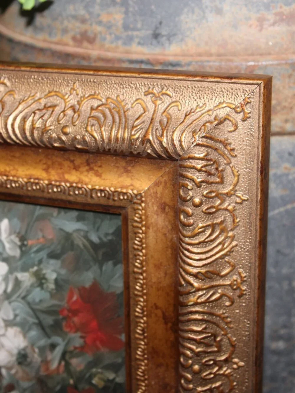 Dark Moody Gothic Black Cat & Floral Wall Decor Picture in VTG Gold Frame